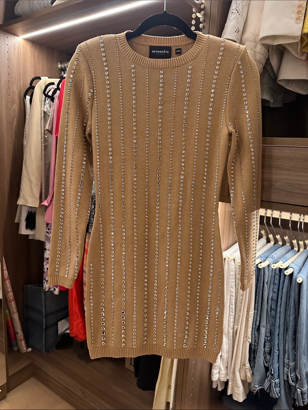 Retrofête Camel Embellished Ribbed Knit Dress holy sparkles!